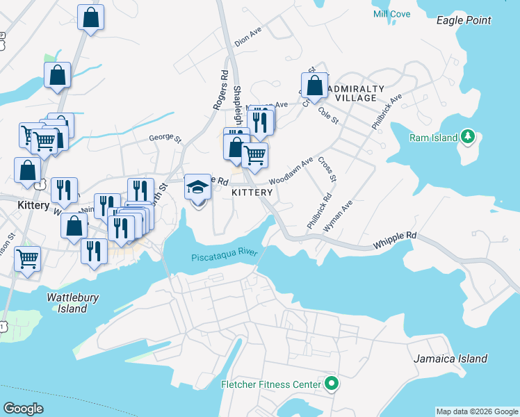 map of restaurants, bars, coffee shops, grocery stores, and more near 62 Whipple Road in Kittery
