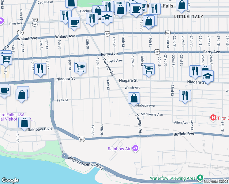map of restaurants, bars, coffee shops, grocery stores, and more near 1421 Robinson Court in Niagara Falls