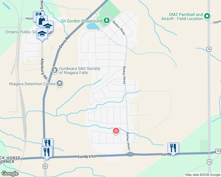 map of restaurants, bars, coffee shops, grocery stores, and more near 12 Brighton Lane in Thorold