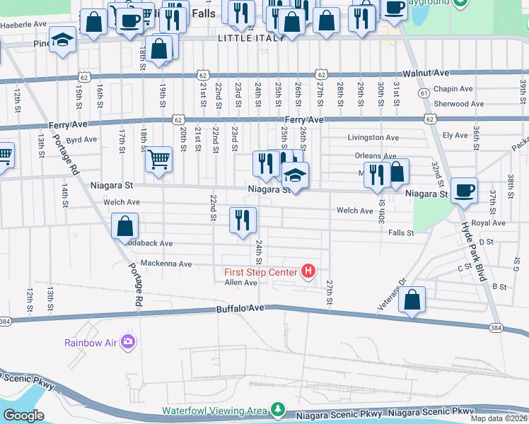 map of restaurants, bars, coffee shops, grocery stores, and more near 319 24th Street in Niagara Falls