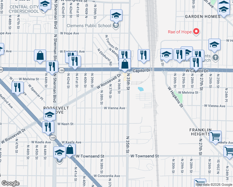 map of restaurants, bars, coffee shops, grocery stores, and more near 3867 North 36th Street in Milwaukee