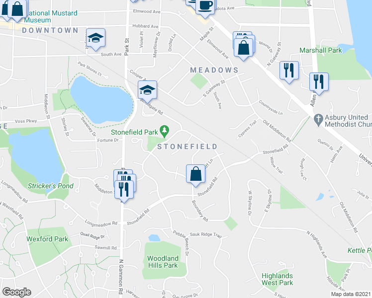 map of restaurants, bars, coffee shops, grocery stores, and more near 1521 Windfield Way in Middleton