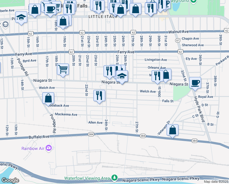 map of restaurants, bars, coffee shops, grocery stores, and more near 2429 Welch Avenue in Niagara Falls