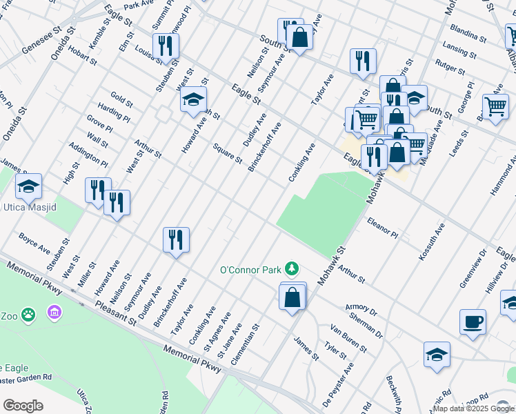 map of restaurants, bars, coffee shops, grocery stores, and more near 1427 Taylor Ave in Utica