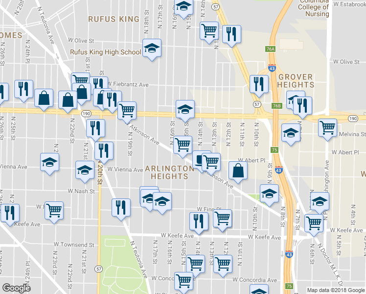 map of restaurants, bars, coffee shops, grocery stores, and more near 3873 North 15th Street in Milwaukee