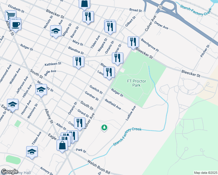 map of restaurants, bars, coffee shops, grocery stores, and more near 998 Culver Avenue in Utica