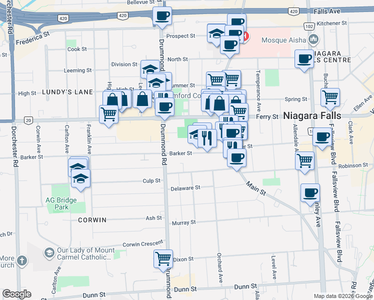 map of restaurants, bars, coffee shops, grocery stores, and more near 6107 Barker Street in Niagara Falls