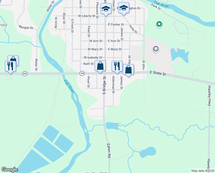 map of restaurants, bars, coffee shops, grocery stores, and more near 1050 South Bridge Street in Belding