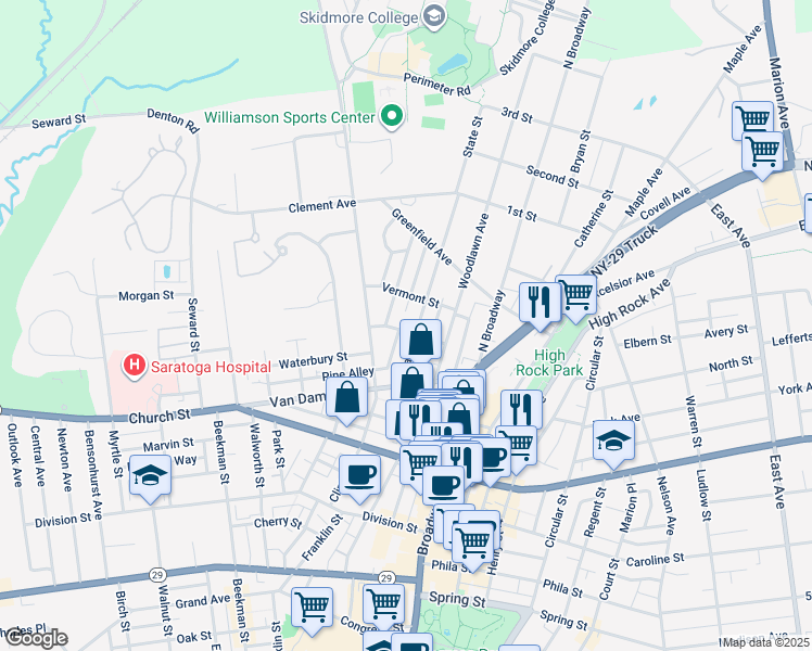 map of restaurants, bars, coffee shops, grocery stores, and more near 49 State Street in Saratoga Springs