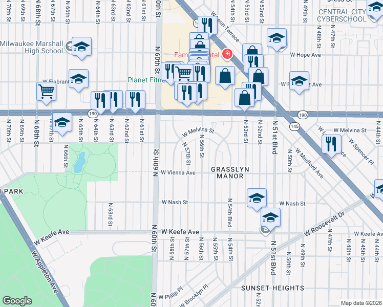 map of restaurants, bars, coffee shops, grocery stores, and more near 3852 North 57th Street in Milwaukee