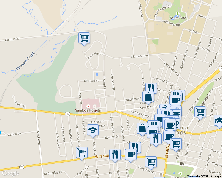 map of restaurants, bars, coffee shops, grocery stores, and more near 35 Van Dorn St in Saratoga Springs