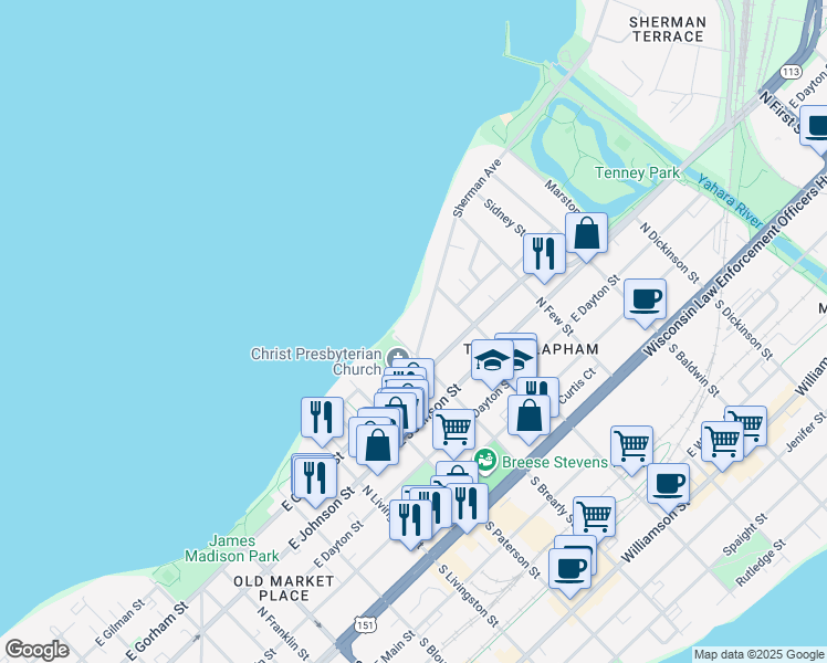 map of restaurants, bars, coffee shops, grocery stores, and more near 1016 Sherman Avenue in Madison