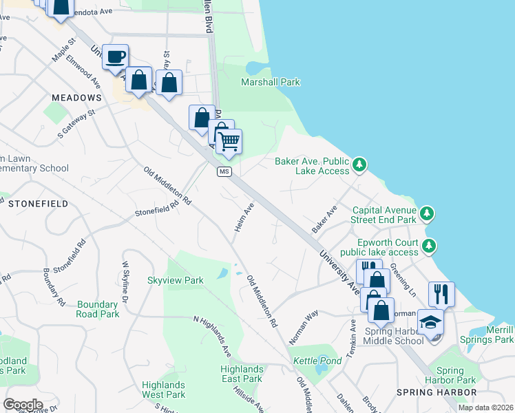 map of restaurants, bars, coffee shops, grocery stores, and more near 5929 University Avenue in Madison