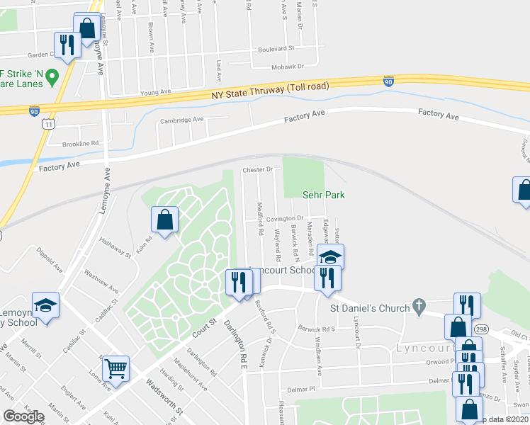 map of restaurants, bars, coffee shops, grocery stores, and more near 308 Medford Rd in Syracuse