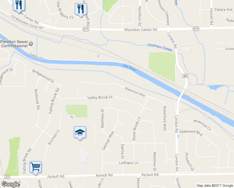 map of restaurants, bars, coffee shops, grocery stores, and more near 34 Valley Brook Drive in Fairport