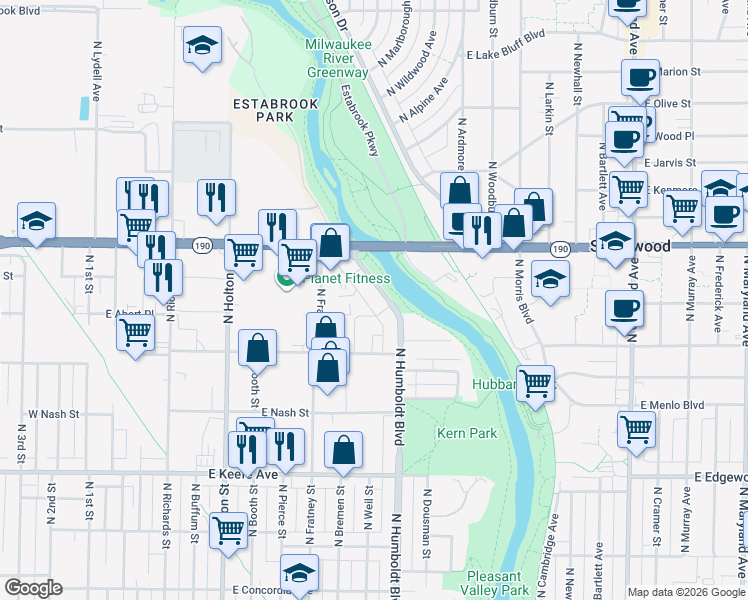 map of restaurants, bars, coffee shops, grocery stores, and more near 3859 North Humboldt Boulevard in Milwaukee