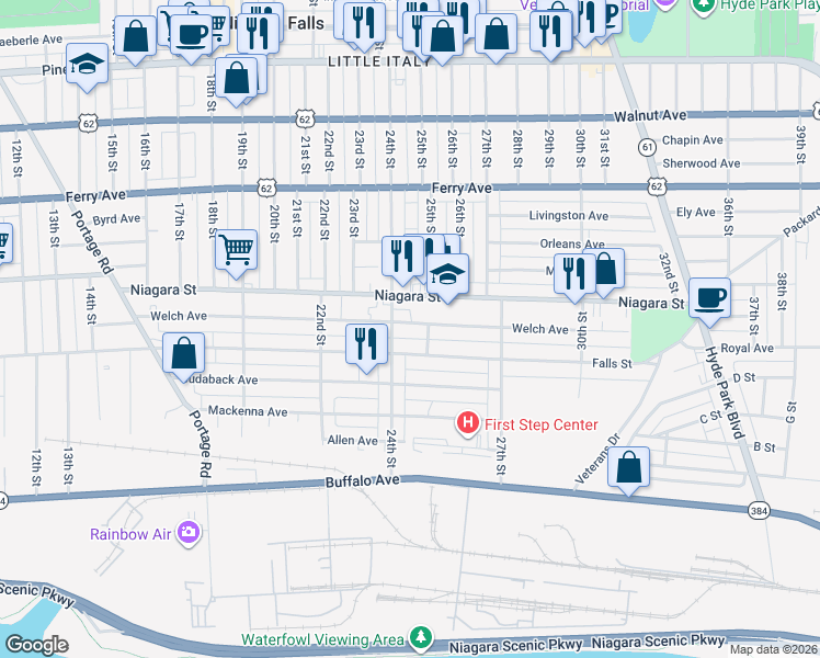 map of restaurants, bars, coffee shops, grocery stores, and more near 2421 Welch Avenue in Niagara Falls