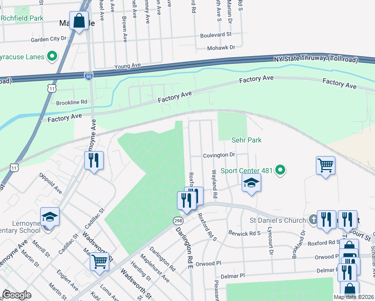 map of restaurants, bars, coffee shops, grocery stores, and more near 313 Roxford Road North in Syracuse