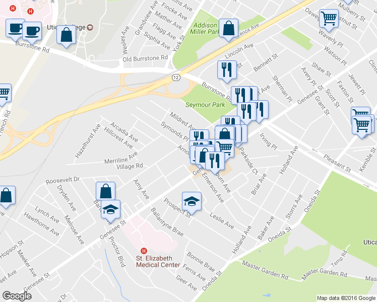 map of restaurants, bars, coffee shops, grocery stores, and more near 98 Arnold Avenue in Utica