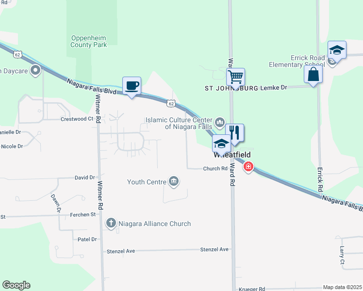 map of restaurants, bars, coffee shops, grocery stores, and more near 6934 Maple Drive in North Tonawanda