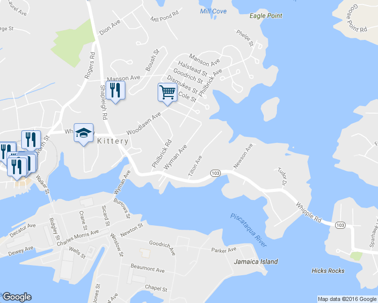 map of restaurants, bars, coffee shops, grocery stores, and more near 22 Wyman Ave in Kittery