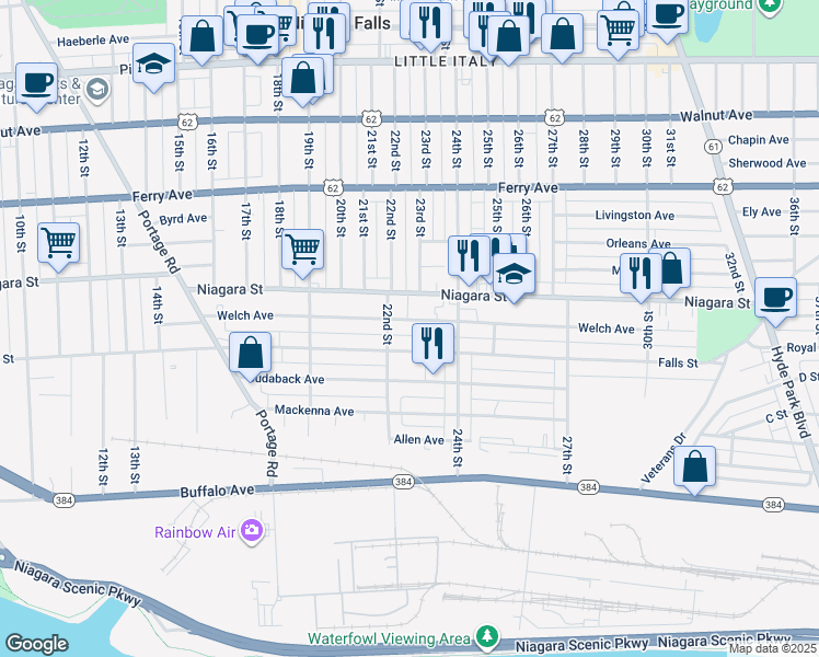 map of restaurants, bars, coffee shops, grocery stores, and more near 2221 Welch Ave in Niagara Falls