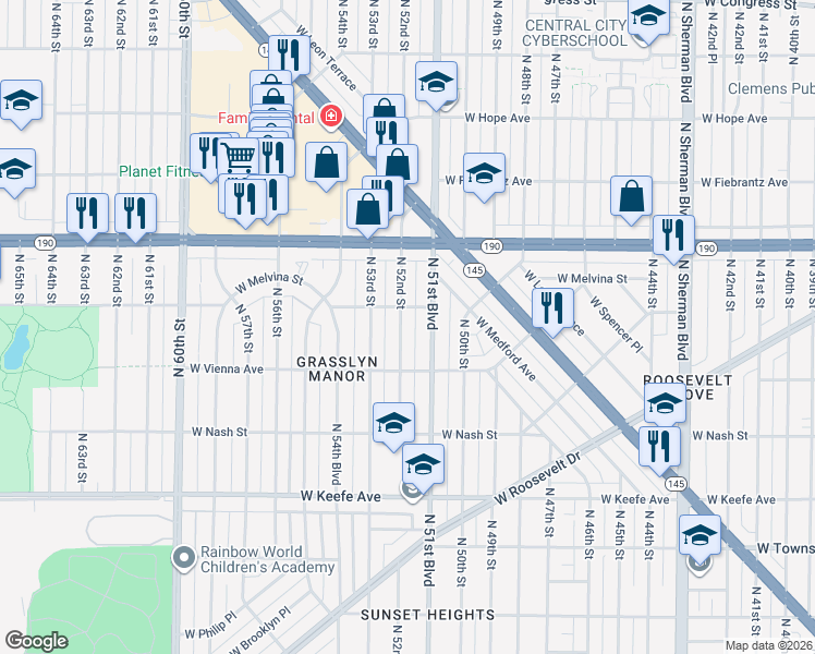 map of restaurants, bars, coffee shops, grocery stores, and more near 3856 North 52nd Street in Milwaukee