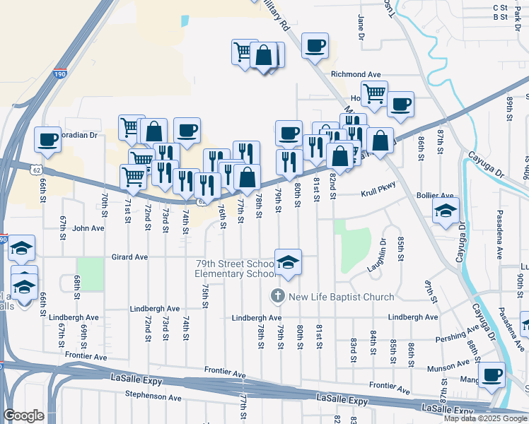 map of restaurants, bars, coffee shops, grocery stores, and more near 673 78th Street in Niagara Falls
