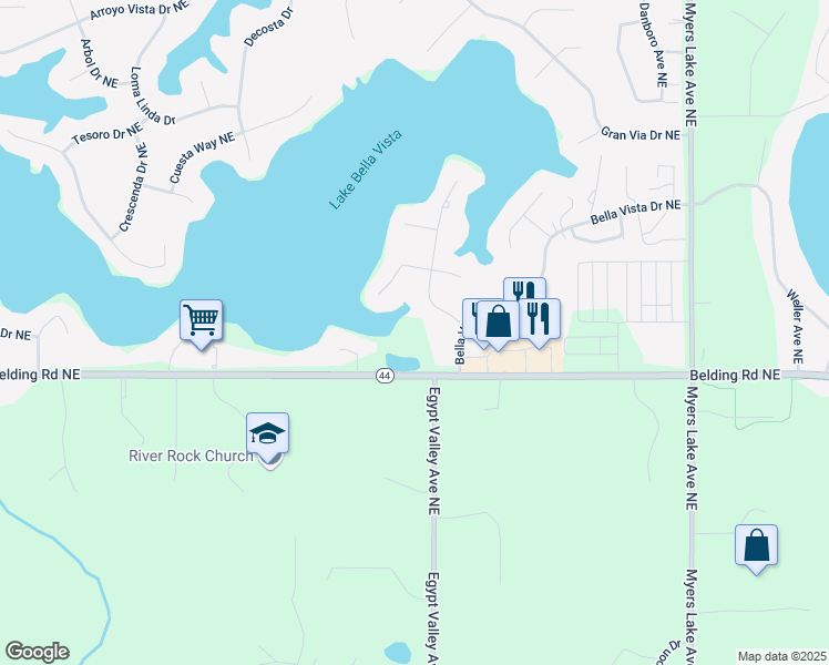 map of restaurants, bars, coffee shops, grocery stores, and more near 6347 Belding Rd NE in Rockford