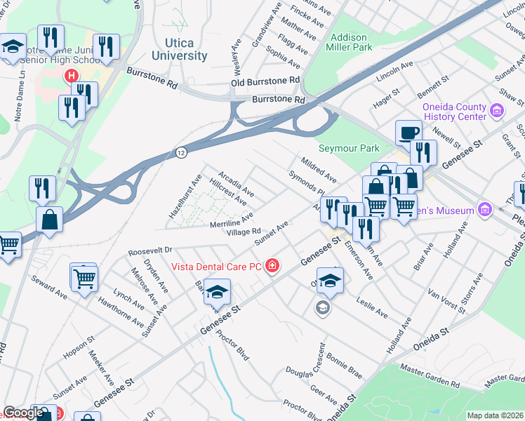 map of restaurants, bars, coffee shops, grocery stores, and more near 1831 Merriline Ave in Utica