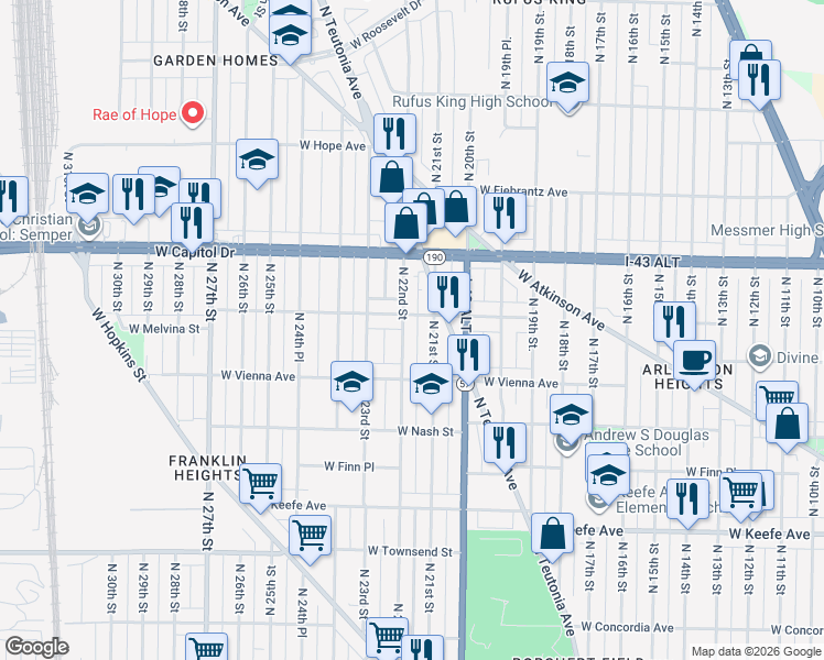 map of restaurants, bars, coffee shops, grocery stores, and more near 3866 North 22nd Street in Milwaukee
