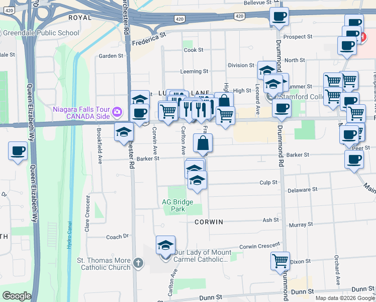 map of restaurants, bars, coffee shops, grocery stores, and more near in Niagara Falls