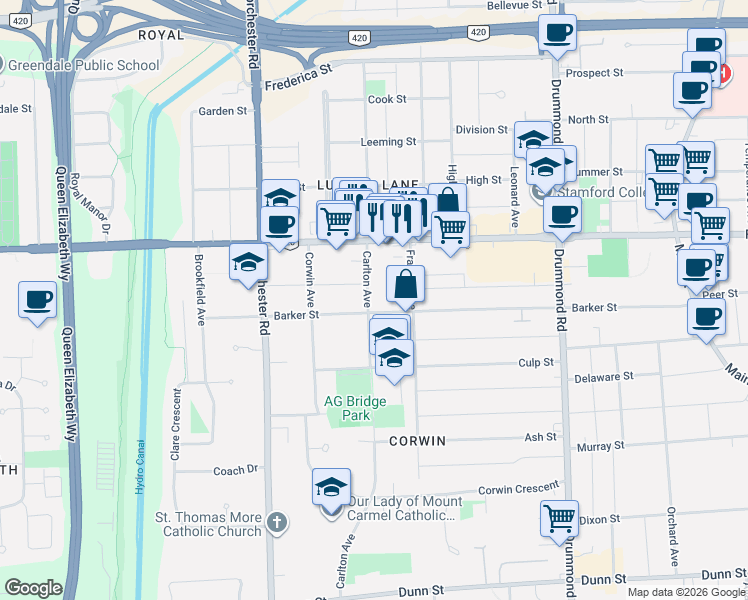 map of restaurants, bars, coffee shops, grocery stores, and more near 6010 Carlton Avenue in Niagara Falls
