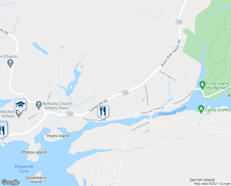 map of restaurants, bars, coffee shops, grocery stores, and more near 27 Tenney Hill Road in Kittery