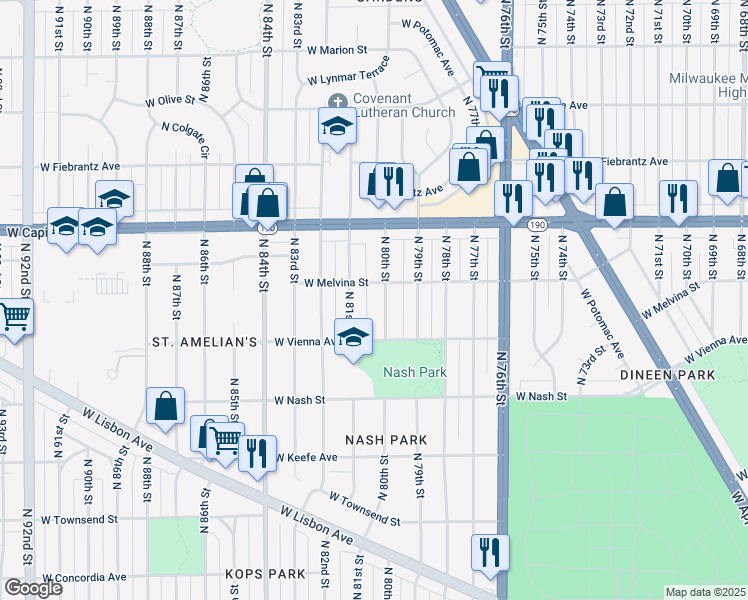 map of restaurants, bars, coffee shops, grocery stores, and more near 3859 North 80th Street in Milwaukee