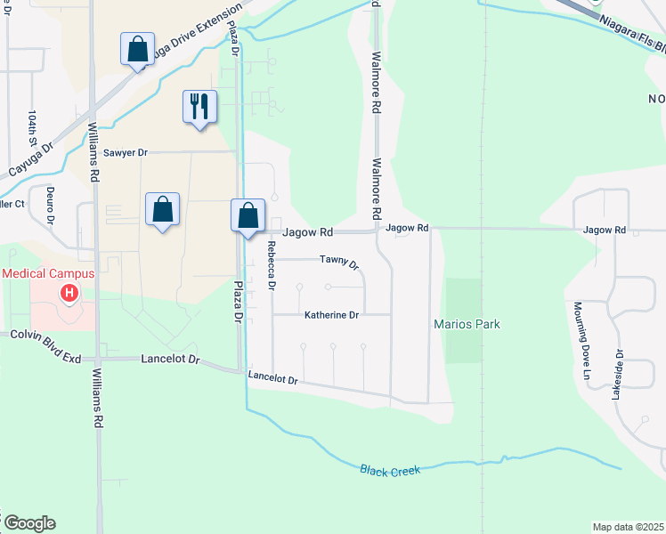 map of restaurants, bars, coffee shops, grocery stores, and more near 2224 Tawny Drive in Niagara Falls