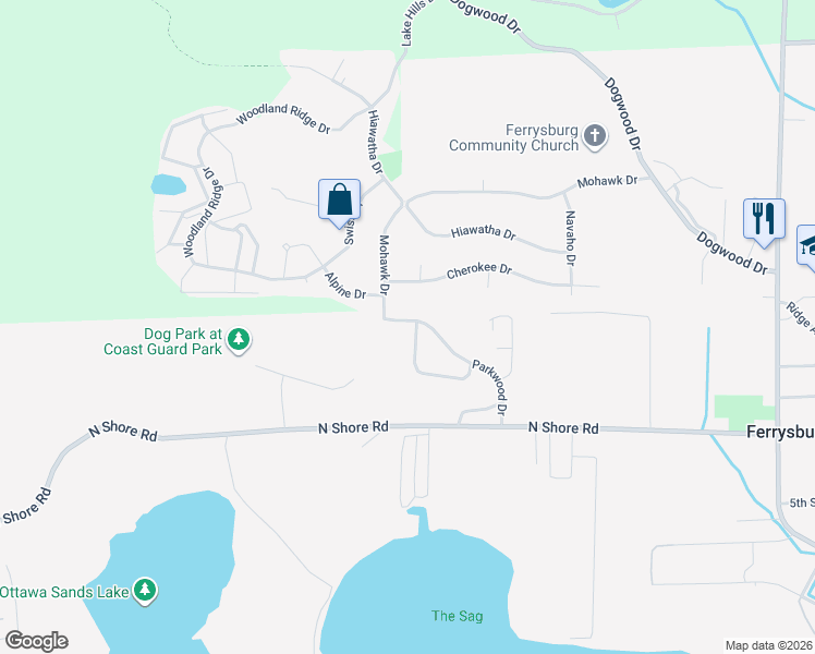 map of restaurants, bars, coffee shops, grocery stores, and more near 17595 Park Place Circle in Spring Lake