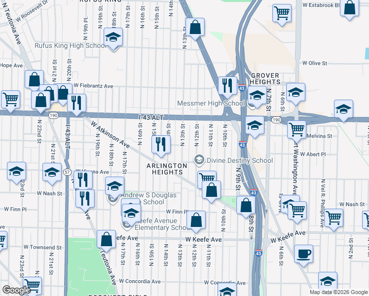 map of restaurants, bars, coffee shops, grocery stores, and more near 3838 North 13th Street in Milwaukee