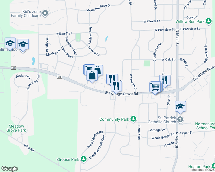 map of restaurants, bars, coffee shops, grocery stores, and more near 405 West Cottage Grove Road in Cottage Grove