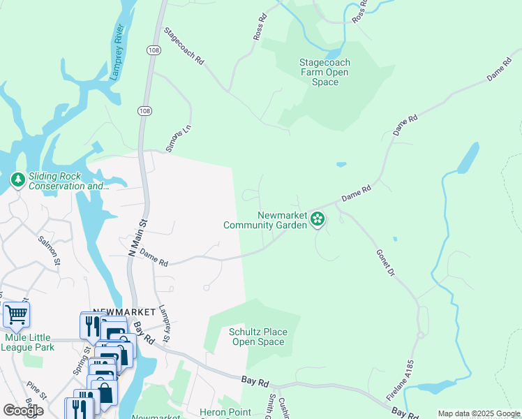 map of restaurants, bars, coffee shops, grocery stores, and more near Wade Farm Road in Newmarket