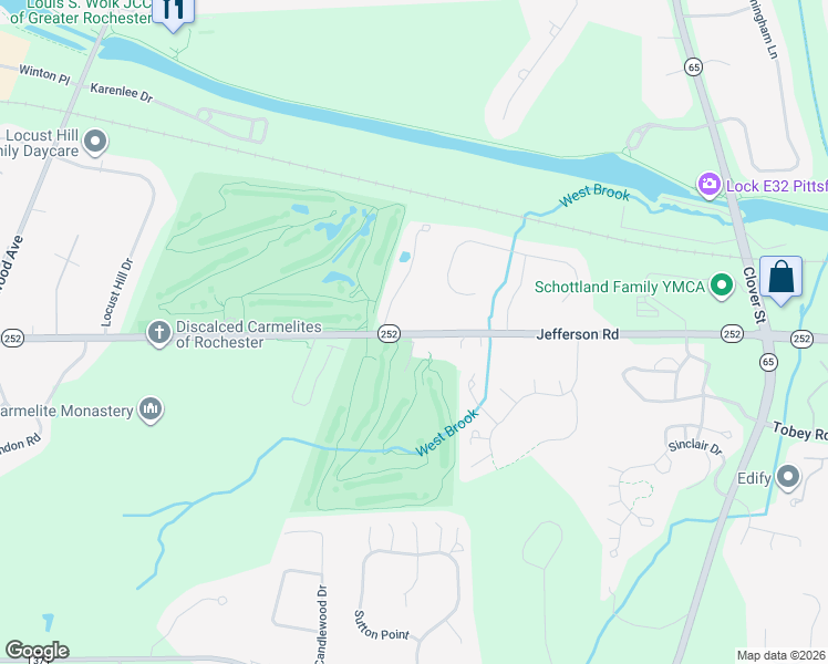 map of restaurants, bars, coffee shops, grocery stores, and more near 2118 Jefferson Road in Pittsford