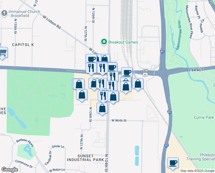 map of restaurants, bars, coffee shops, grocery stores, and more near 3863 North 124th Street in Wauwatosa