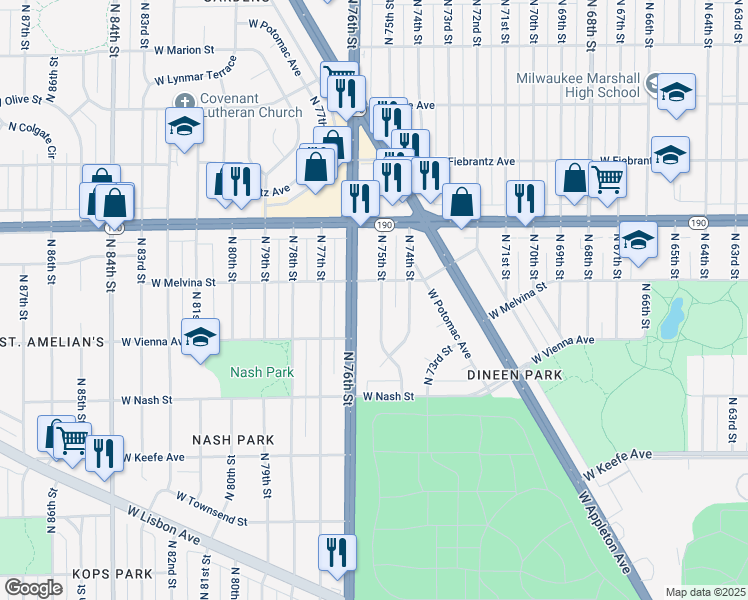 map of restaurants, bars, coffee shops, grocery stores, and more near 3855 North 75th Street in Milwaukee