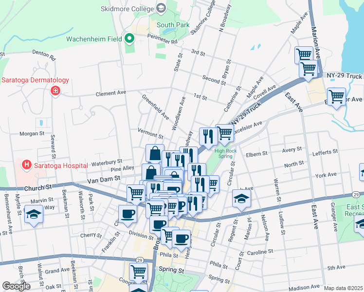 map of restaurants, bars, coffee shops, grocery stores, and more near 595 North Broadway in Saratoga Springs