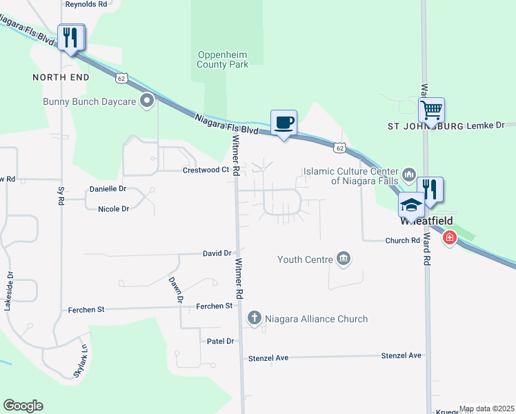 map of restaurants, bars, coffee shops, grocery stores, and more near 2712 Alder Creek Drive South in North Tonawanda
