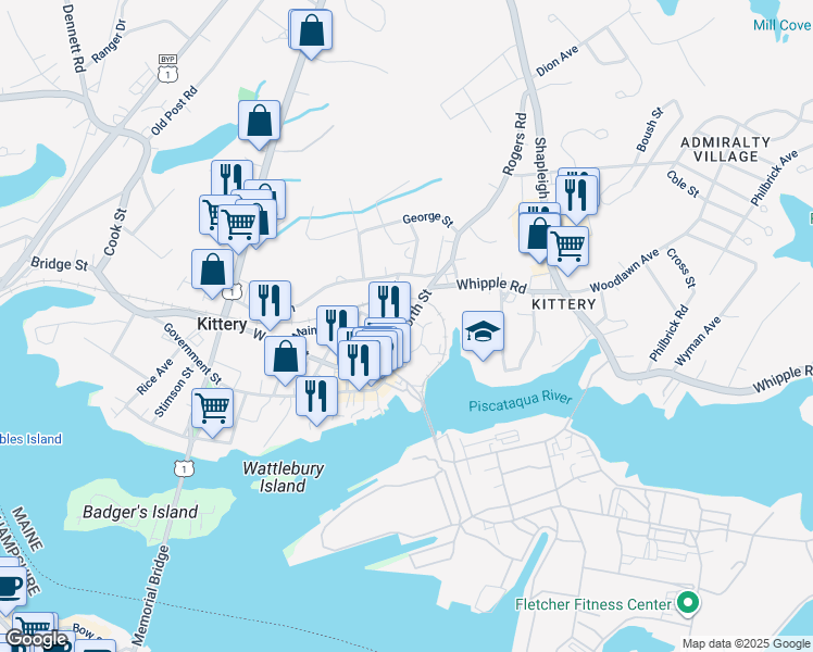 map of restaurants, bars, coffee shops, grocery stores, and more near 4 Central Avenue in Kittery