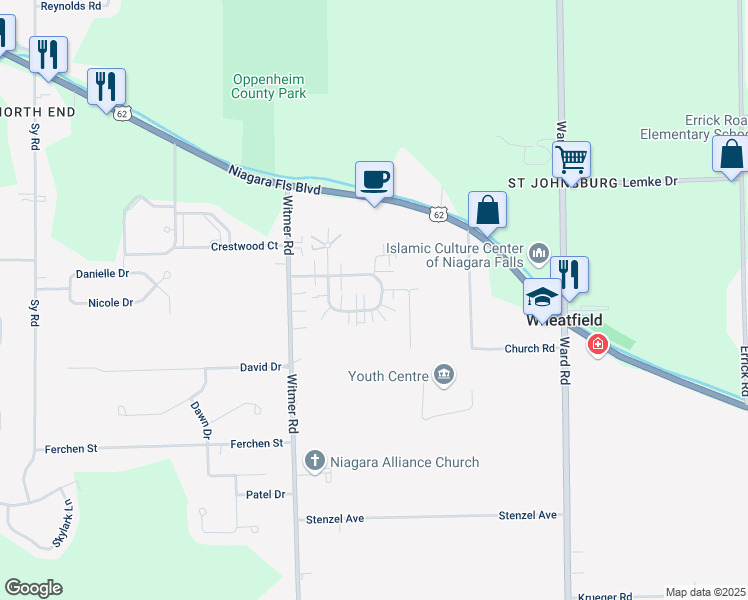 map of restaurants, bars, coffee shops, grocery stores, and more near 2748 Alder Creek Drive South in North Tonawanda