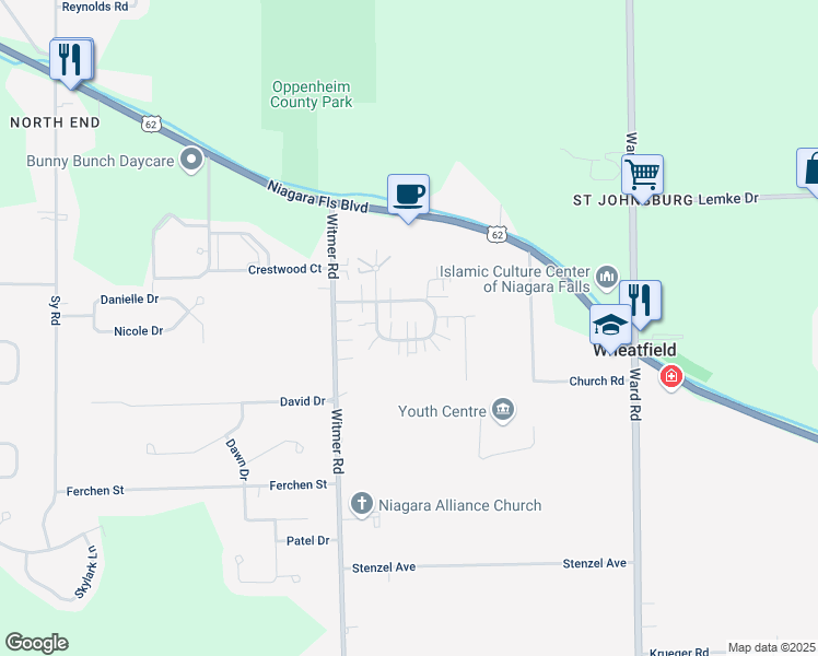 map of restaurants, bars, coffee shops, grocery stores, and more near 2731 Alder Creek Drive North in North Tonawanda