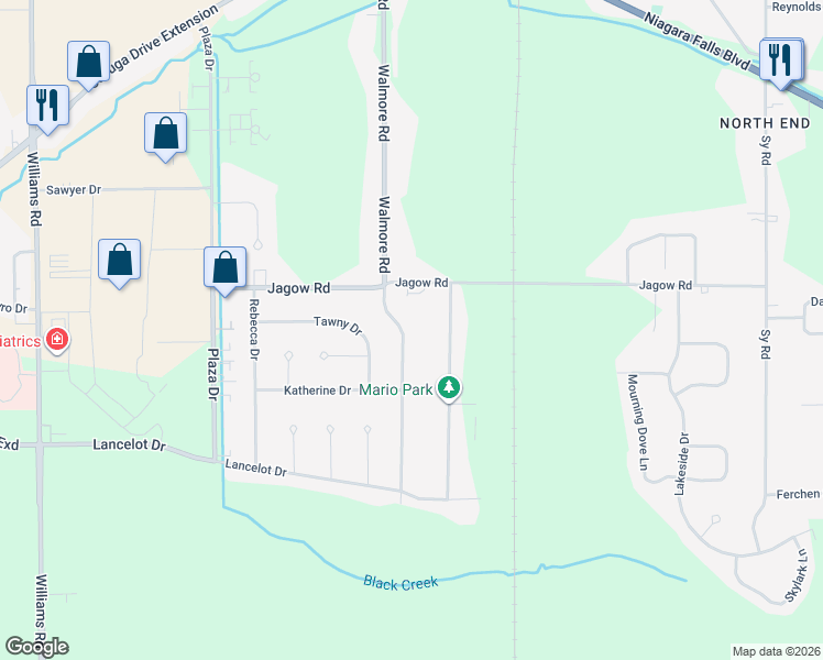 map of restaurants, bars, coffee shops, grocery stores, and more near 6932 Deborah Lane in Niagara Falls