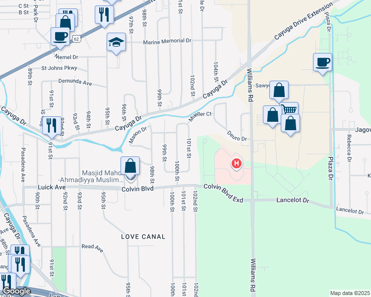 map of restaurants, bars, coffee shops, grocery stores, and more near 1066 101st Street in Niagara Falls